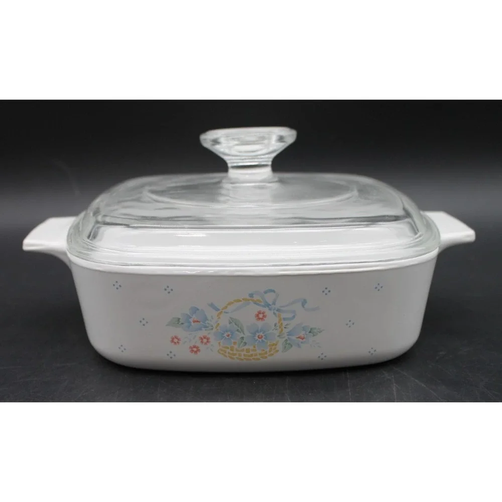 Vintage Corning Ware A-1-B 1 Liter Casserole Dish w Pyrex Lid Floral Basket